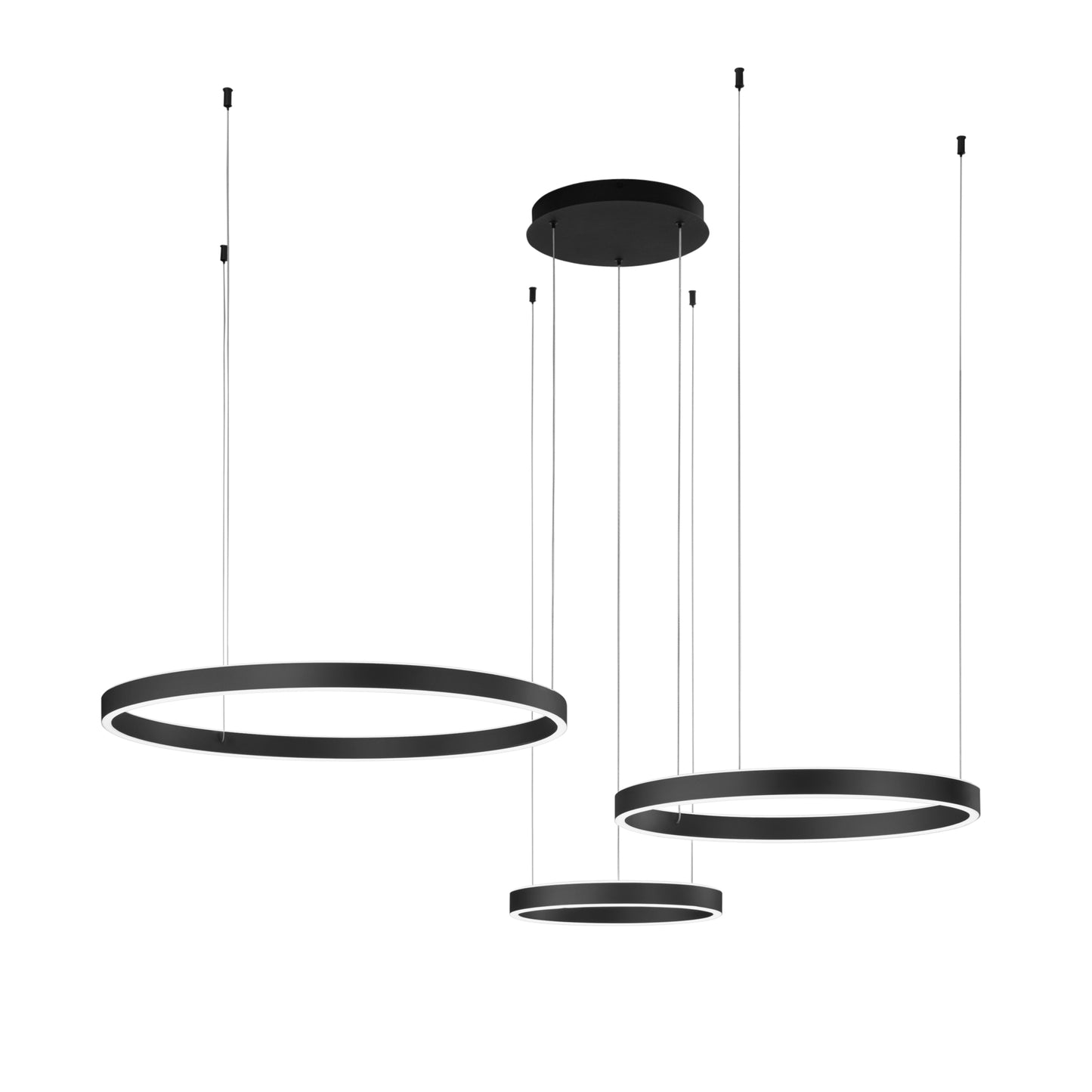 Sospensione LED AKROBAT in metallo nero con 3 anelli biemissione, CCT