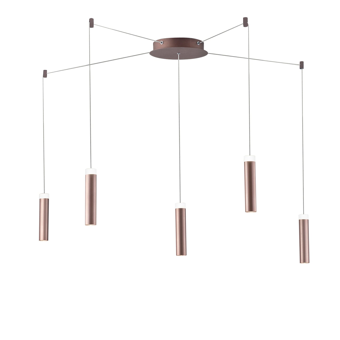 Plafoniera LED CANDLE in alluminio bronzo a 5 cinque luci biemissione, con cavo regolabile e presa