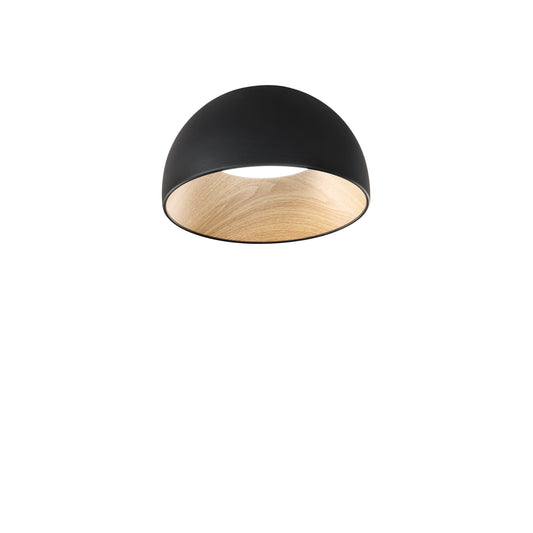 Plafoniera LED COCO in metallo nero, interno effetto legno, CCT Ø 35 cm.