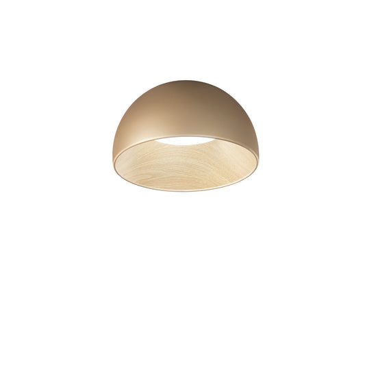 Plafoniera LED COCO in metallo oro, interno effetto legno, CCT Ø 35 cm.