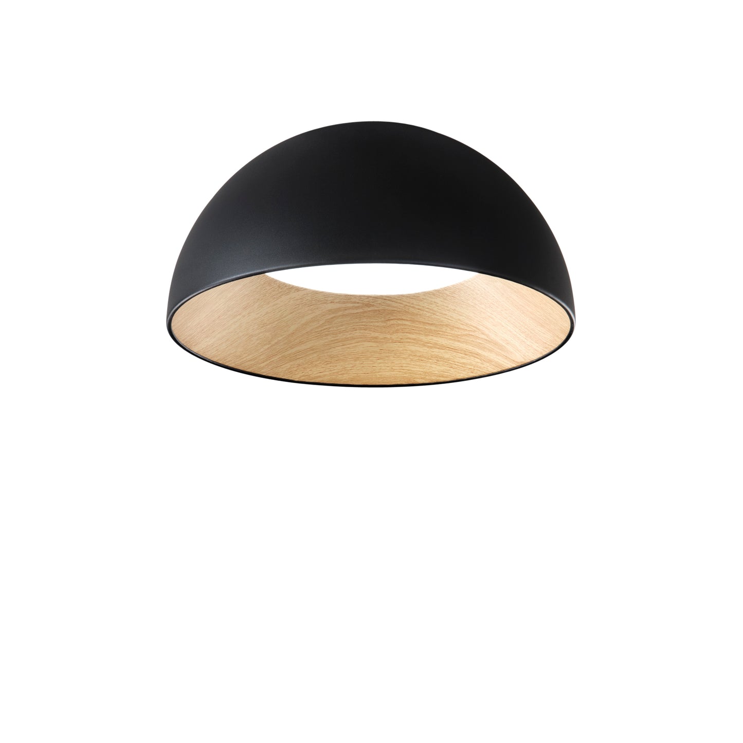 Plafoniera LED COCO in metallo nero, interno effetto legno, CCT Ø 50 cm.