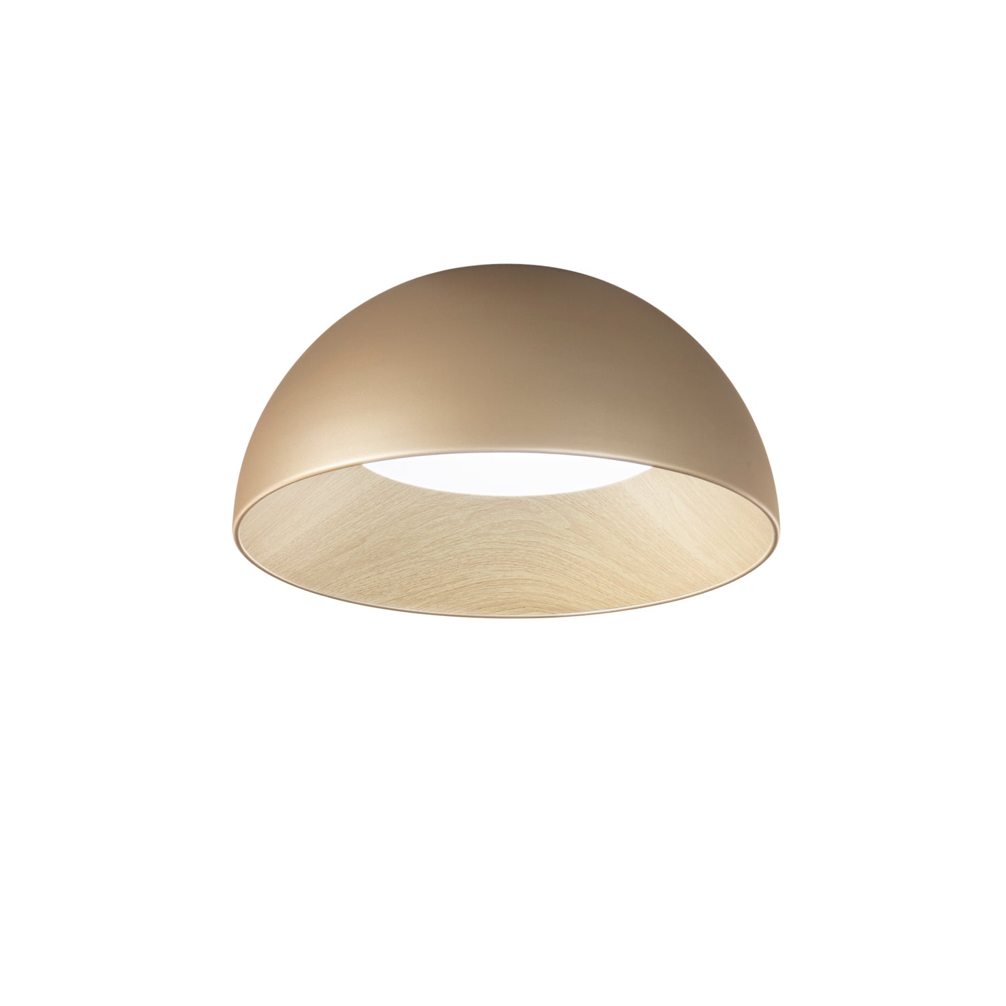 Plafoniera LED COCO in metallo oro, interno effetto legno, CCT Ø 50 cm.