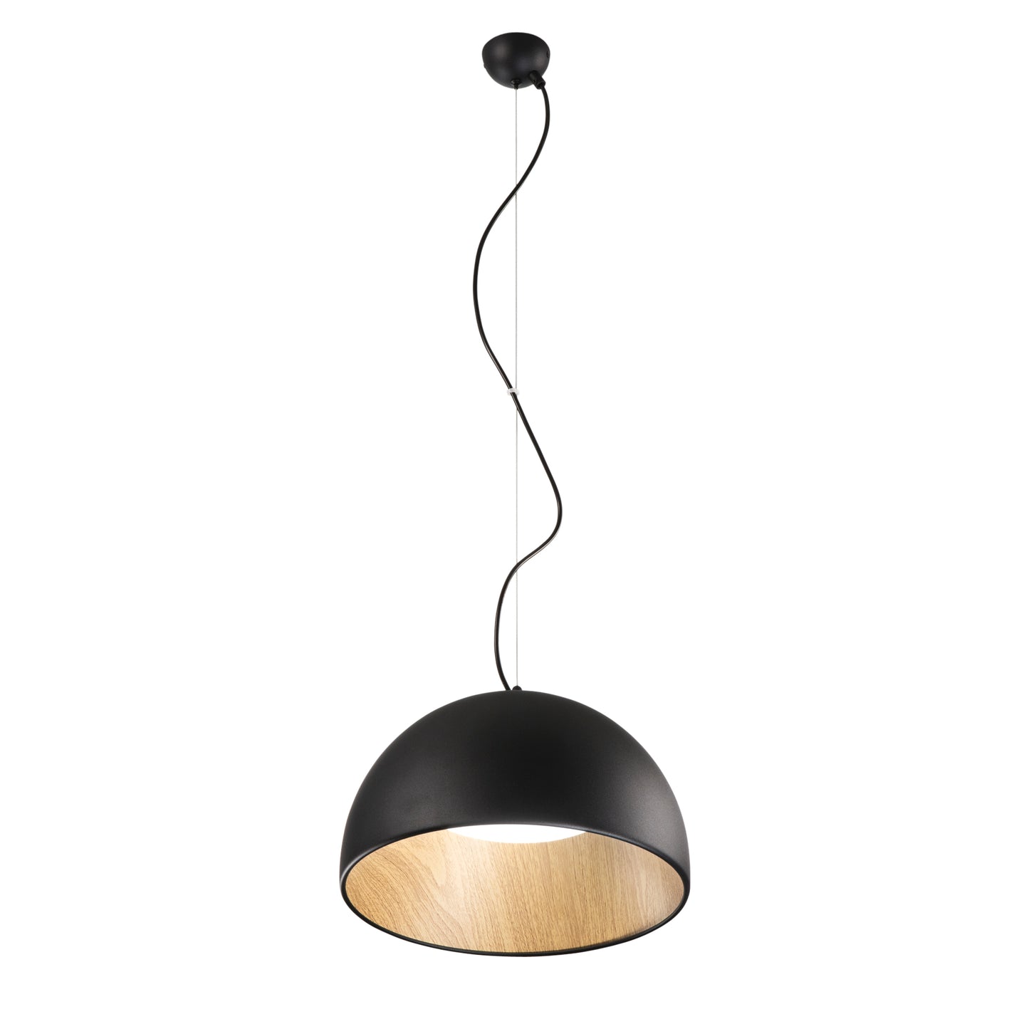 Sospensione LED COCO in metallo nero, interno effetto legno, CCT Ø 35 cm.