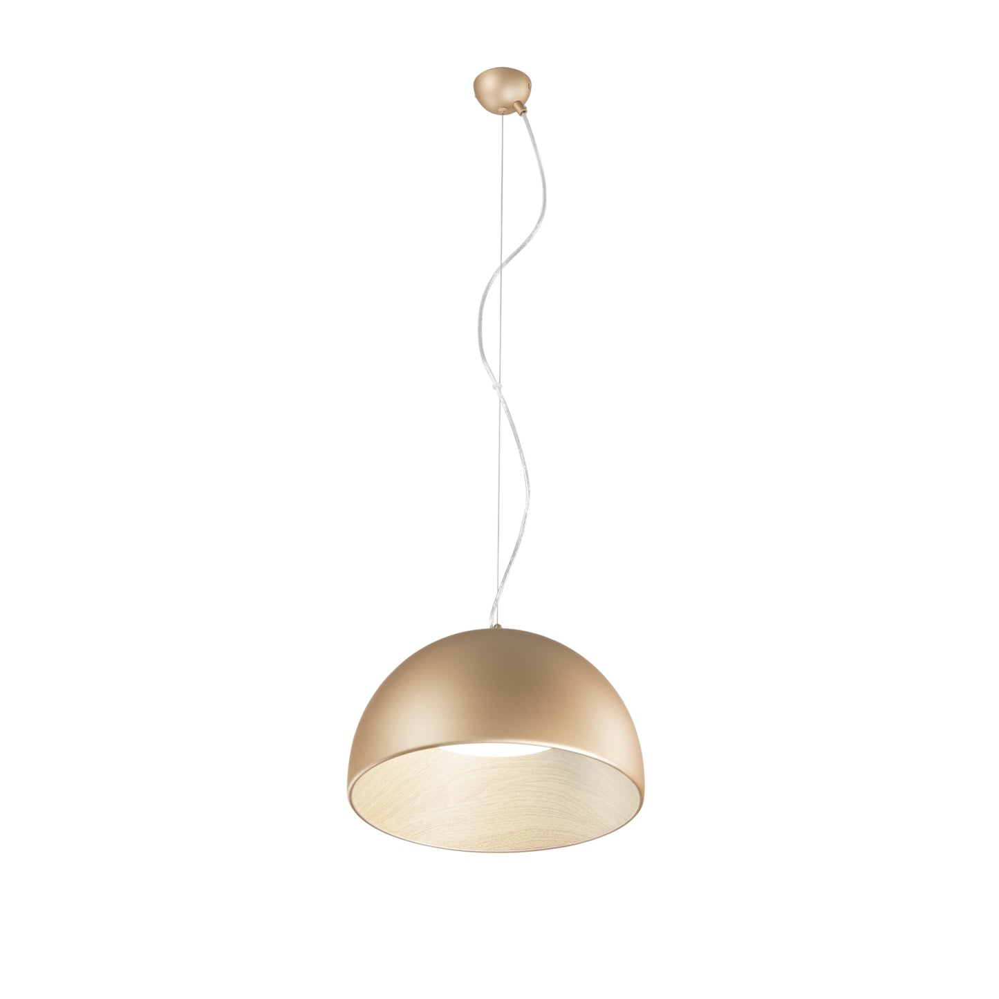 Sospensione LED COCO in metallo oro, interno effetto legno, CCT Ø 35 cm.
