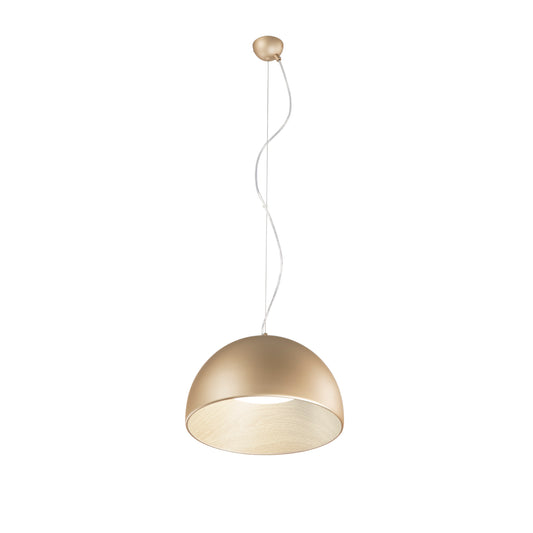 Sospensione LED COCO in metallo oro, interno effetto legno, CCT Ø 35 cm.