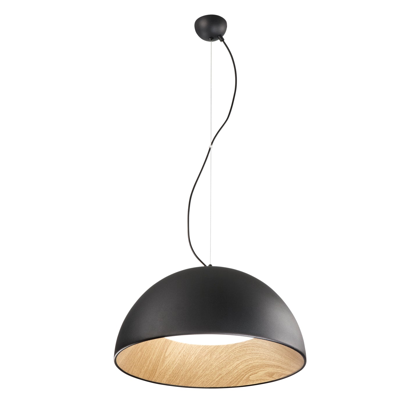 Sospensione LED COCO in metallo nero, interno effetto legno, CCT Ø 50 cm.