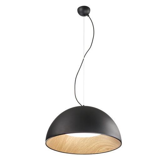 Sospensione LED COCO in metallo nero, interno effetto legno, CCT Ø 50 cm.