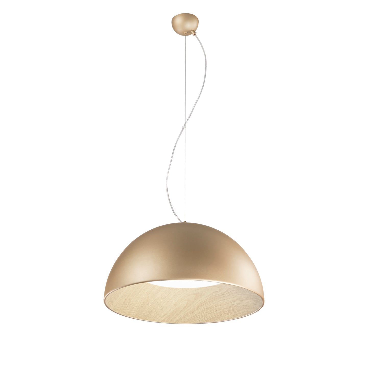 Sospensione LED COCO in metallo oro, interno effetto legno, CCT Ø 50 cm.