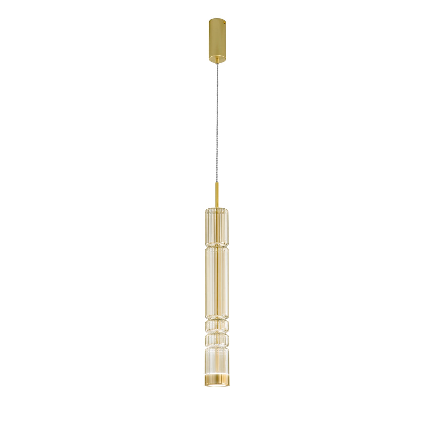 Sospensione LED CROOKES con strutturra in metallo ricoperta da vetro soffiato ambrato