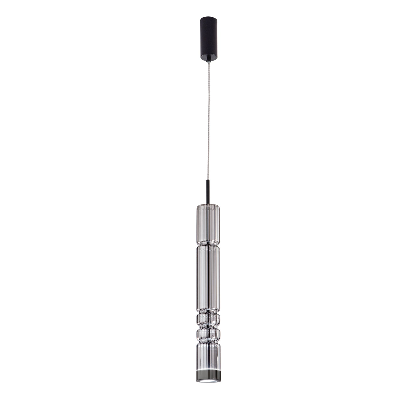 Sospensione LED CROOKES con strutturra in metallo ricoperta da vetro soffiato fumè