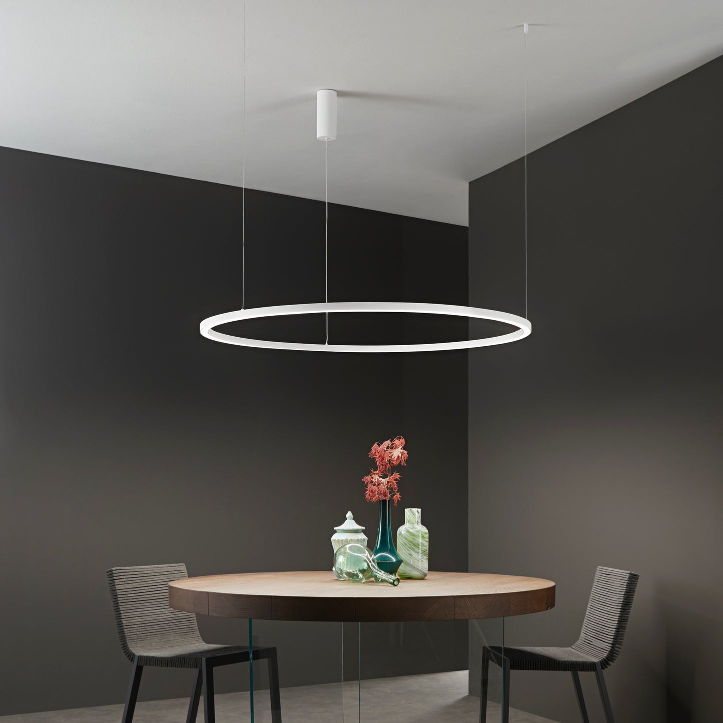 Sospensione LED HOOP in alluminio bianca diffusore in acrilico e cavi regolabili, CCT, Ø 120cm.