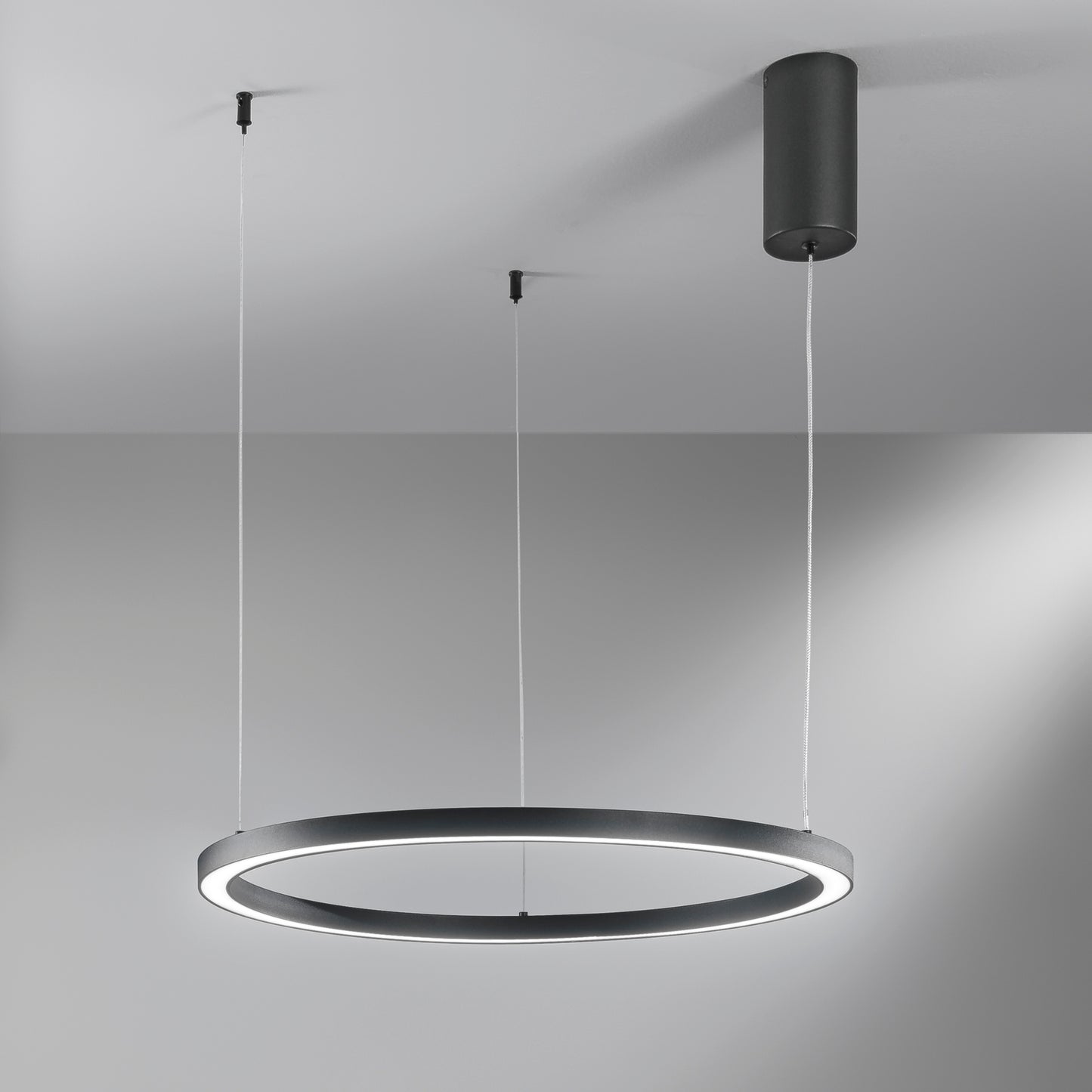 Sospensione LED HOOP in alluminio nera diffusore in acrilico e cavi regolabili, CCT, Ø 60cm.
