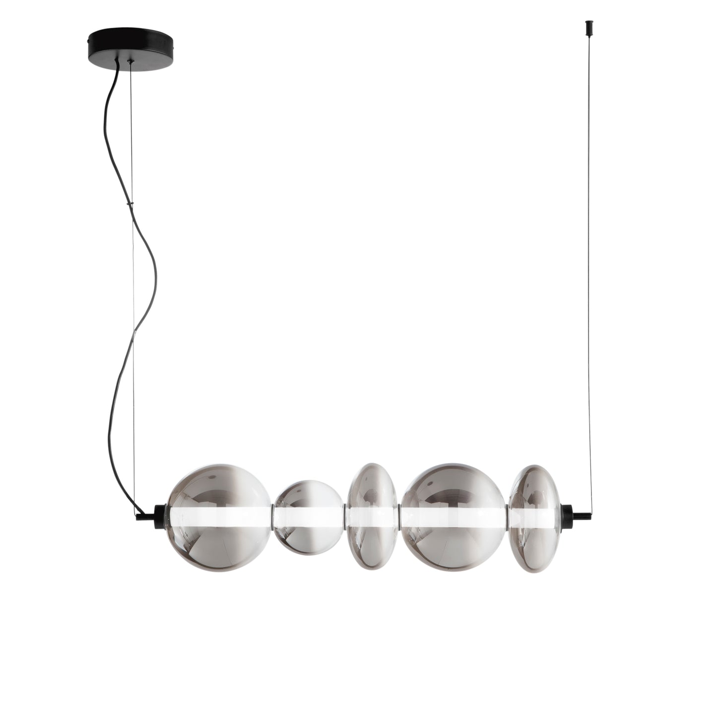 Sospensione LED KEMET in metallo nero con 5 vetri fumè 3000K (luce calda)