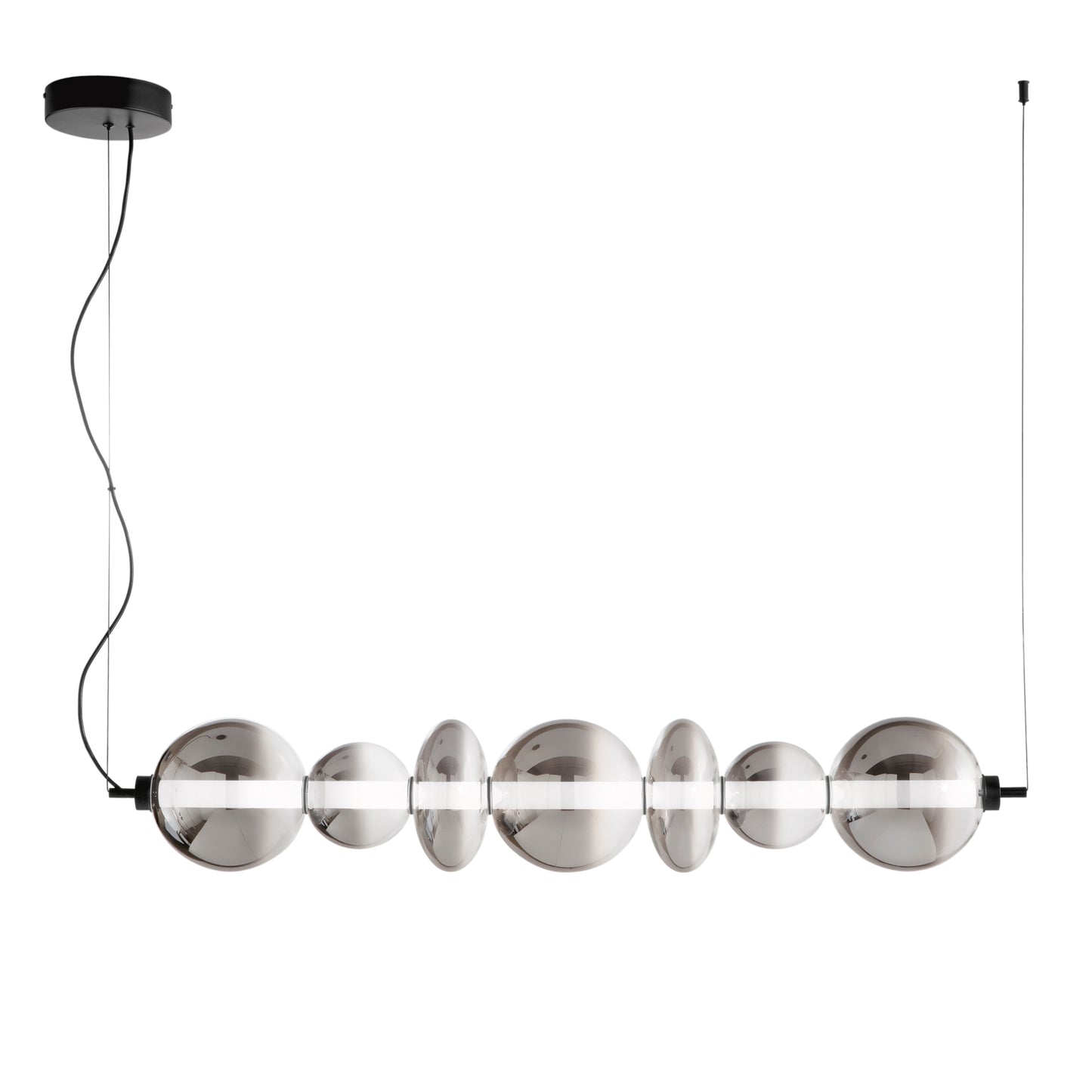 Sospensione LED KEMET in metallo nero con 7 vetri fumè 3000K (luce calda)