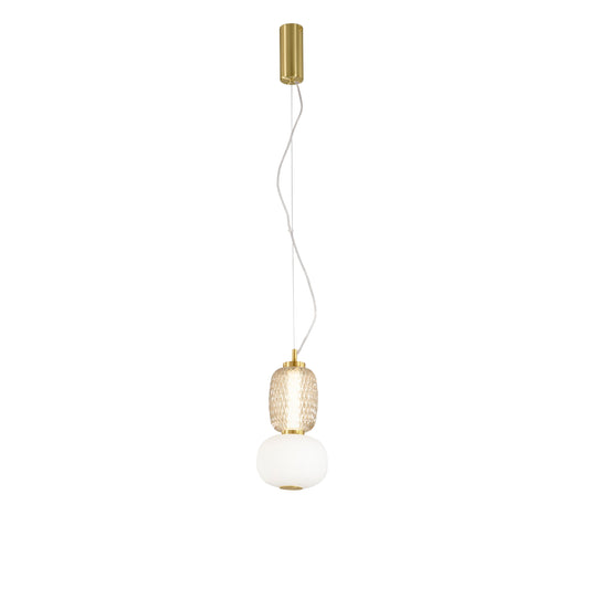 Sospensione LED TOTEM in metallo oro con 1 diffusore bianco e ambra 3000K
