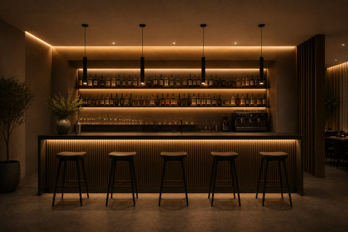 Render Likht: bar e ristorante illuminato, con i punti luce numerati