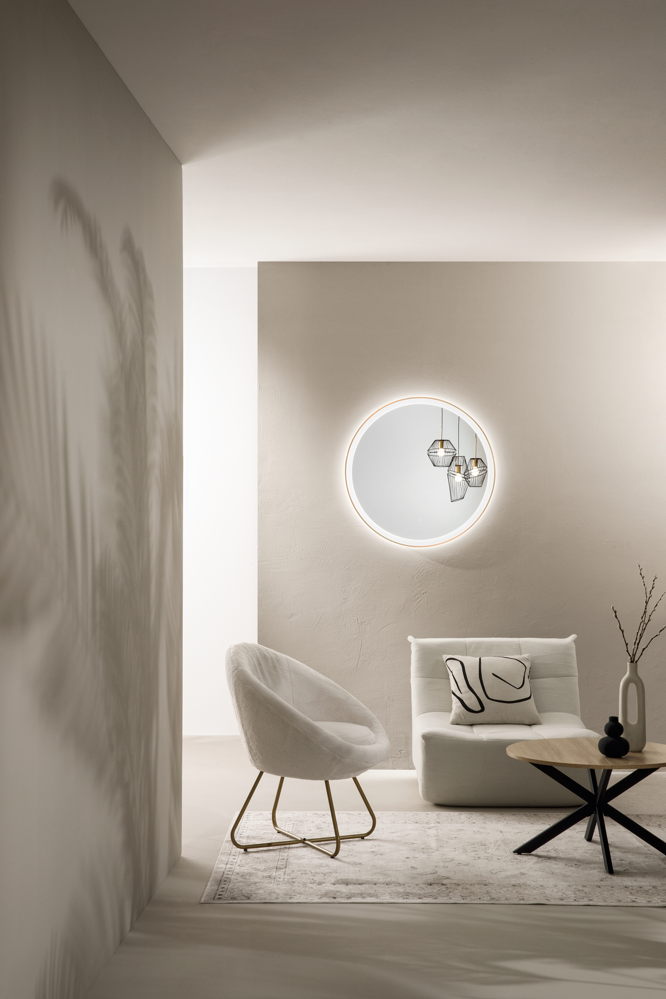 Specchio ORONERO tondo con illuminazione a LED, CCT, pulsante touch, pellicola antideflagrante, 80 cm, oro