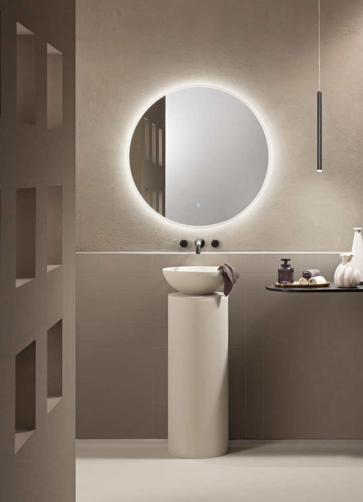 Specchio MIRAGRAM con illuminazione a LED, tondo, CCT 3 temperature, pulsante touch dimming, pellicola antideflagrante, 90 x 70 cm