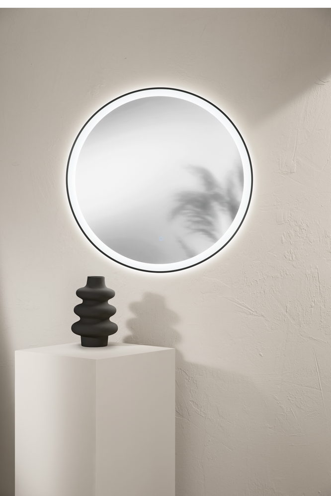Specchio ORONERO tondo con illuminazione a LED, CCT, pulsante touch, pellicola antideflagrante, Nero