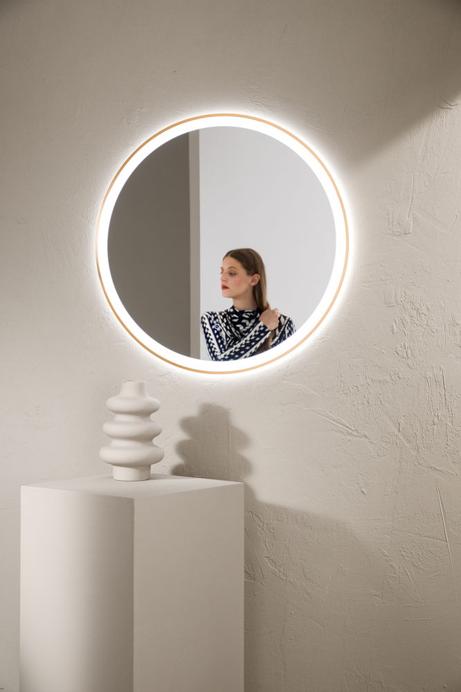 Specchio ORONERO tondo con illuminazione a LED, CCT, pulsante touch, pellicola antideflagrante, 80 cm, oro
