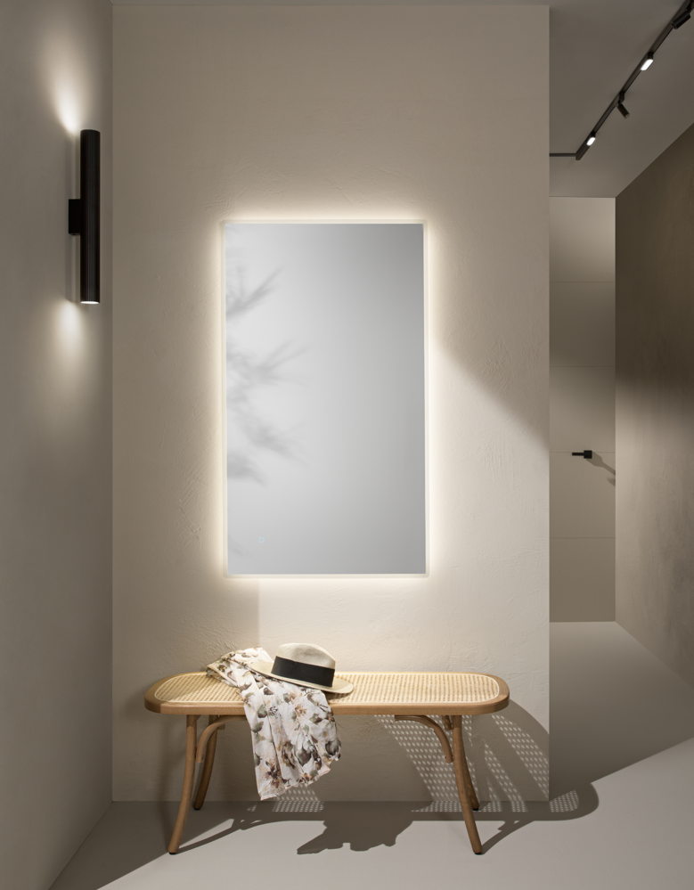 Specchio FRAME con illuminazione a LED, rettangolare con angoli smussati, CCT 3 temperature, touch dimming, pellicola antideflagrante, 120 x 70 cm