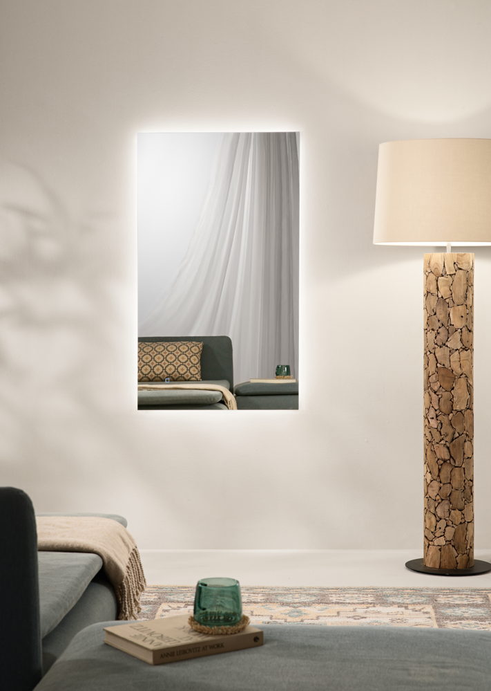 Specchio HALO con illuminazione a LED, rettangolare, CCT 3 temperature, pulsante touch dimming, pellicola antideflagrante, 120 x 70 cm