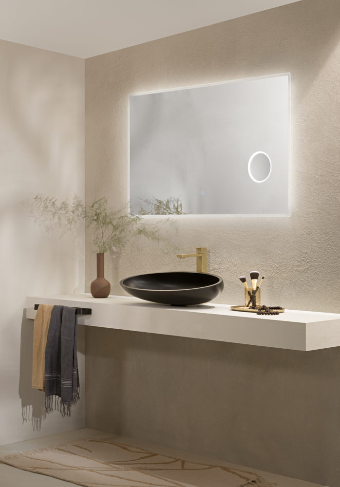 Specchio ZOOM con illuminazione a LED, rettangolare con angoli smussati, lente d'ingrandimento 3X, CCT 3 temperature, touch dimming, pellicola antideflagrante, 120 x 70 cm